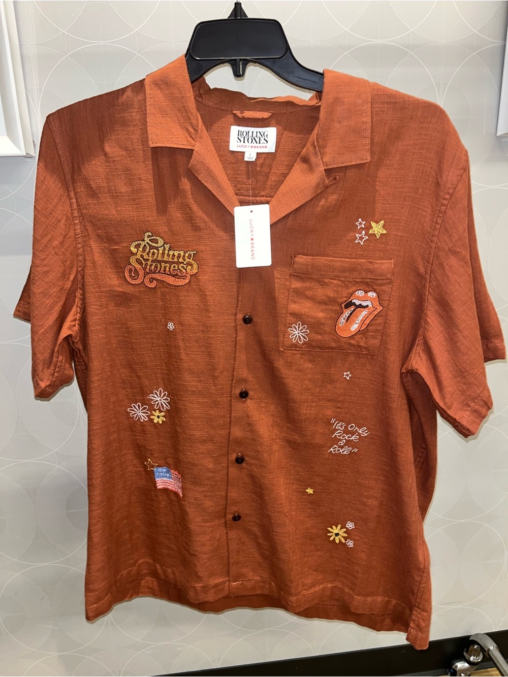 the Rolling Stones Men's Rust Orange Embroidered Camp Shirt